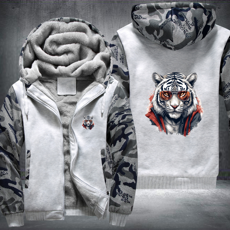 Animal Hiphop Graphic Funny White Tiger With Glasses Fleece Hoodies Jacket