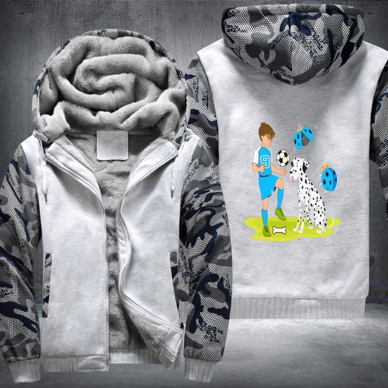 Boy play football with Dog Fleece Hoodies Jacket