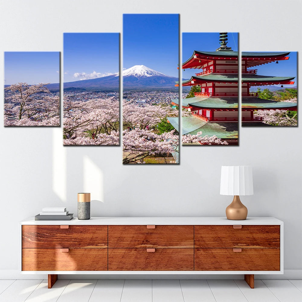 Chureito Pagoda Sakura Mount Fuji 5 Panels Painting Canvas Wall Decoration