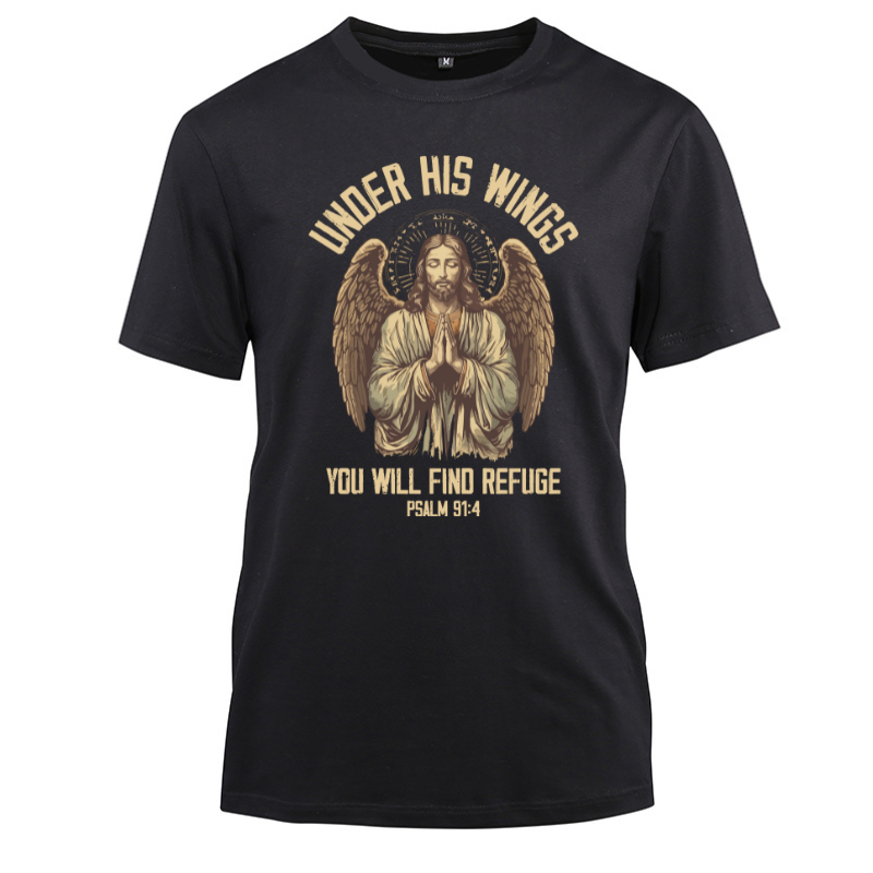 Under His Wings You Will Find Refuge Cotton Black Short Sleeve T-Shirt