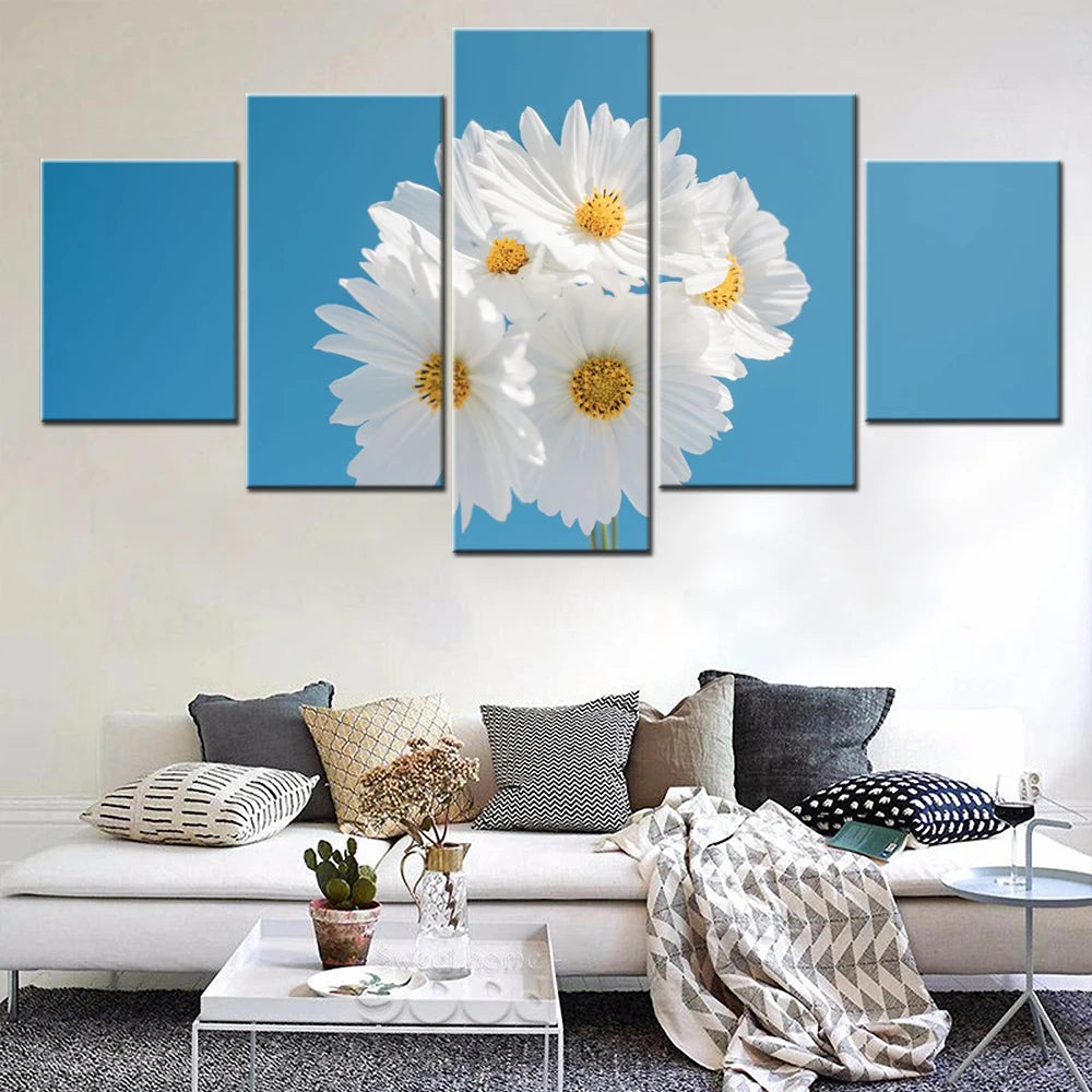 Flowers Daisy Blue sky 5 Panels Painting Canvas Wall Decoration