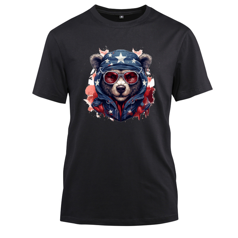 Animal Hiphop Graphic Funny Bear With Glasses Cotton Black Short Sleeve T-Shirt