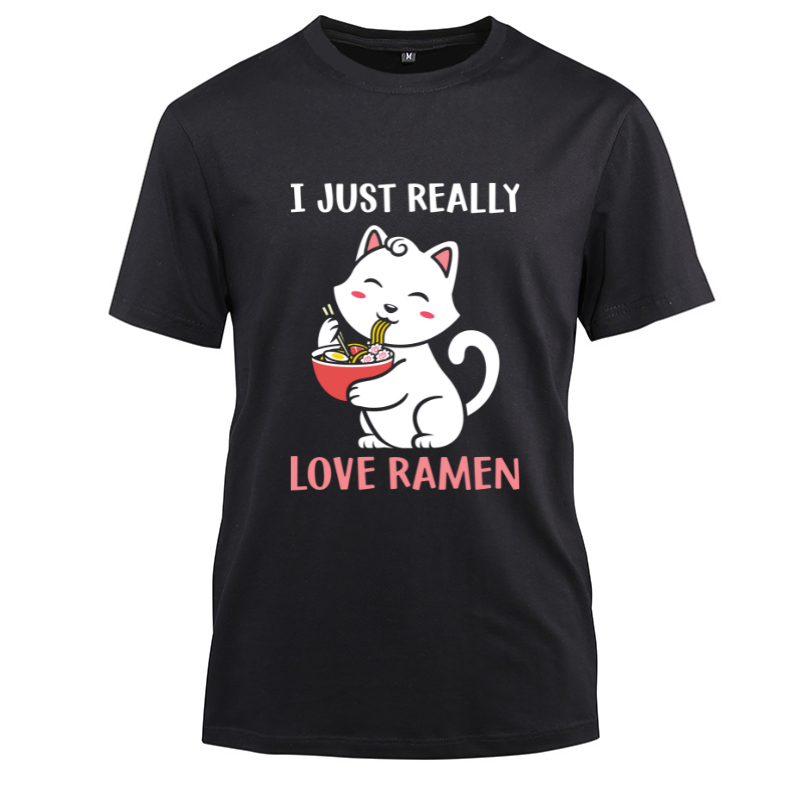 Love Ramen Japanese Kawaii Anime Cat Anime Cotton Black Short Sleeve T-Shirt