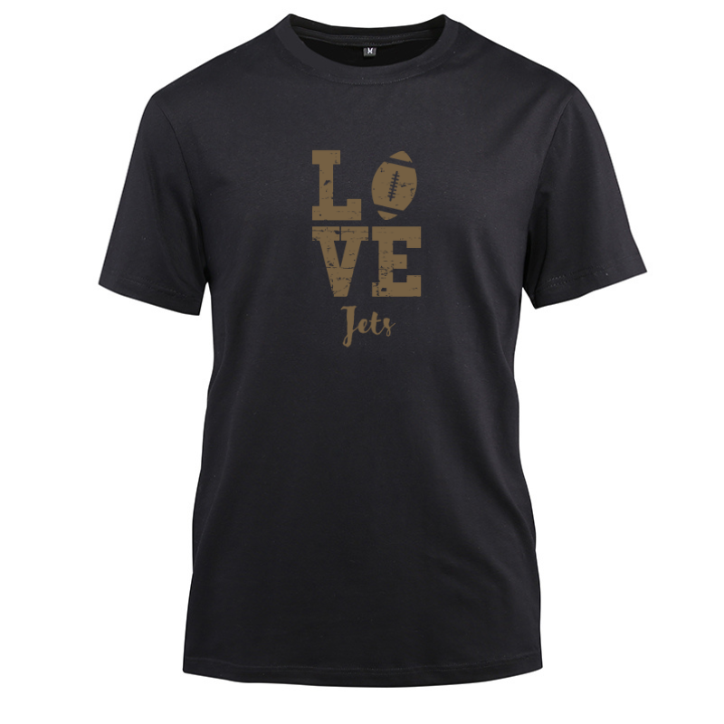 Football Gold Love Jets Cotton Black Short Sleeve T-Shirt