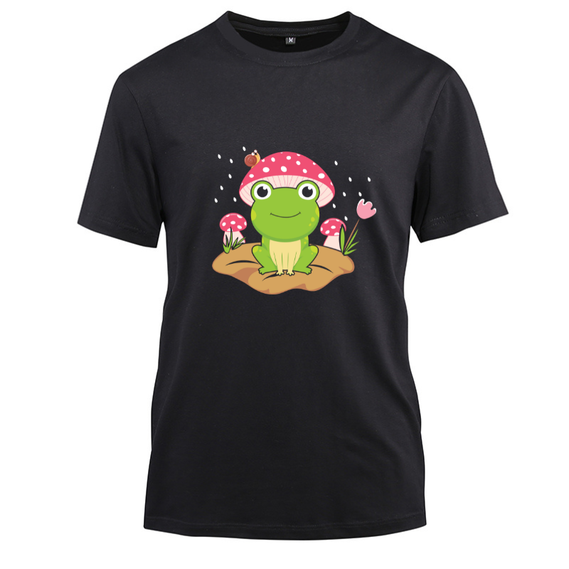 Cute Frog Mushroom Hat With Snail Cotton Black Short Sleeve T-Shirt