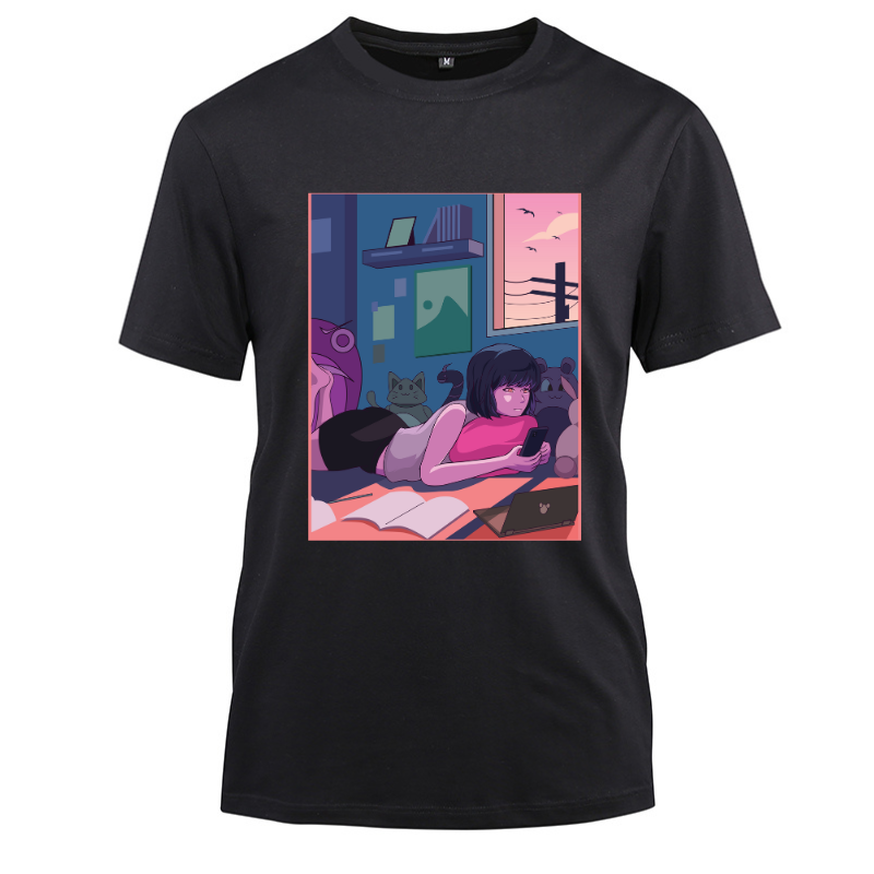 Anime Japanese The Cute Girl Relax on The Bed Cotton Black Short Sleeve T-Shirt