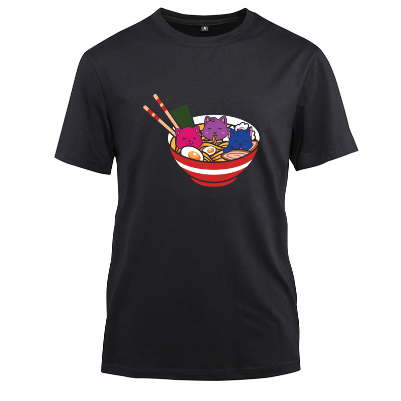 Cats Ramen Anime Food LGBT Bisexual Flag Cotton Black Short Sleeve T-Shirt