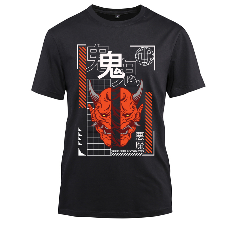 Japan Streetwear Japanese Mythology Cotton Black Short Sleeve T-Shirt