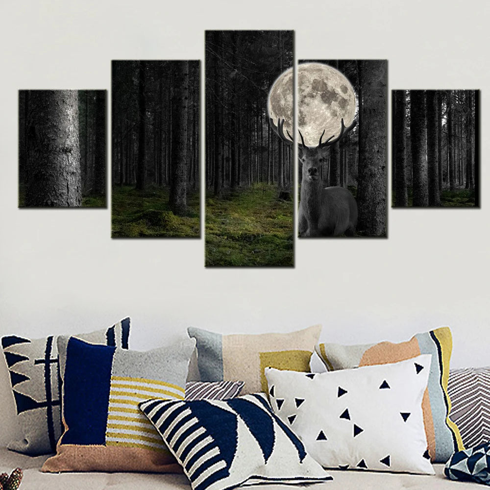 Deer Moon 5 Panels Painting Canvas Wall Decoration