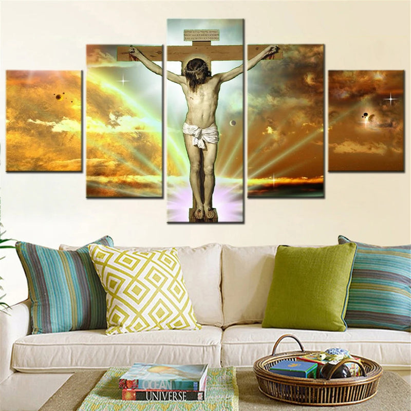 Religion Jesus Christ on Cross 5 Panels Painting Canvas Wall Decoration