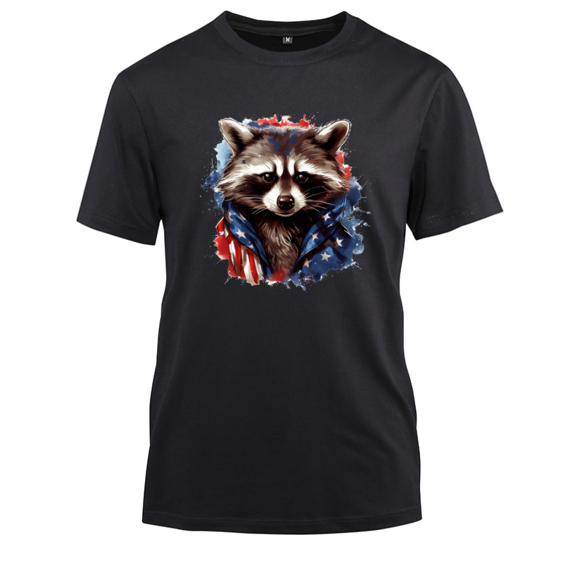 Animal Hiphop Graphic Funny Raccoon Cotton Black Short Sleeve T-Shirt