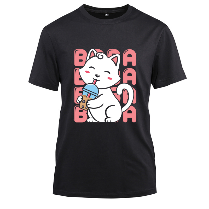 Kawaii Neko Bubble Tea Boba Neko Japan Cotton Black Short Sleeve T-Shirt