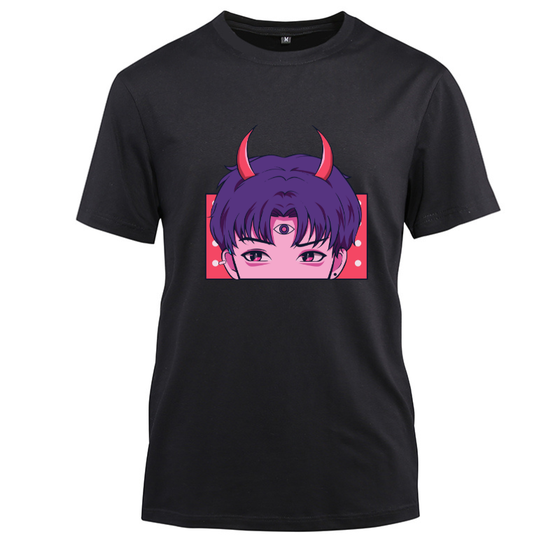 Anime Japanese Three Eye Cotton Black Short Sleeve T-Shirt