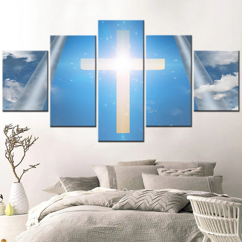 Christian Cross on Sky design 5 Panels Painting Canvas Wall Decoration