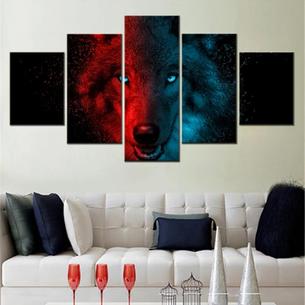 Red And Blue Wolf 5 Panels Painting Canvas Wall Decoration