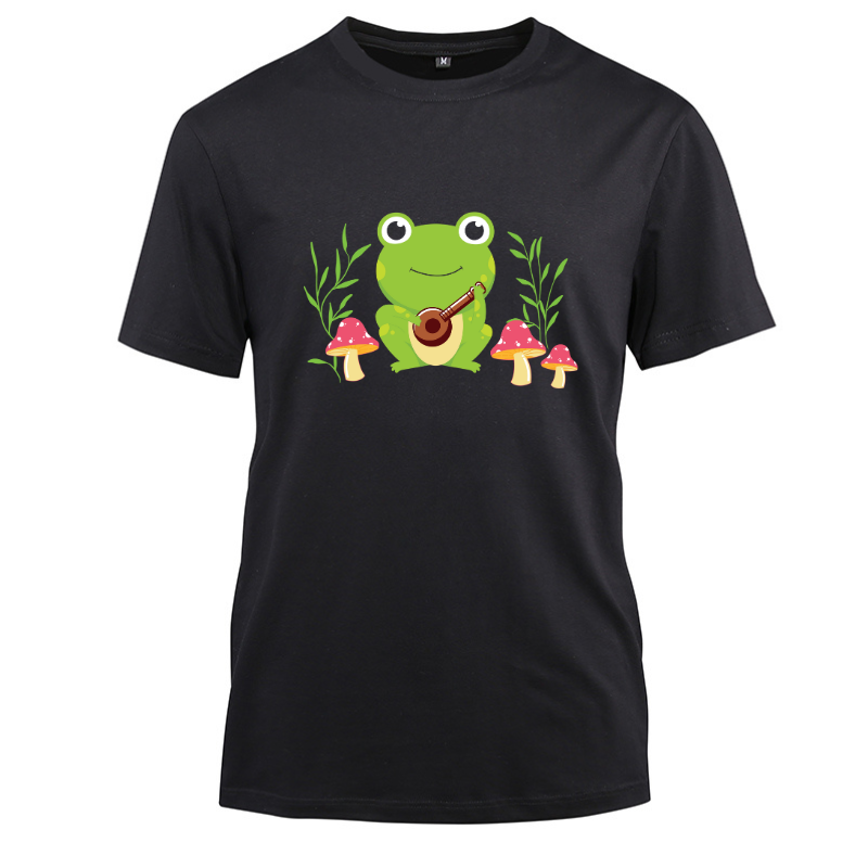 Kawaii Cute Frog Banjo Cotton Black Short Sleeve T-Shirt