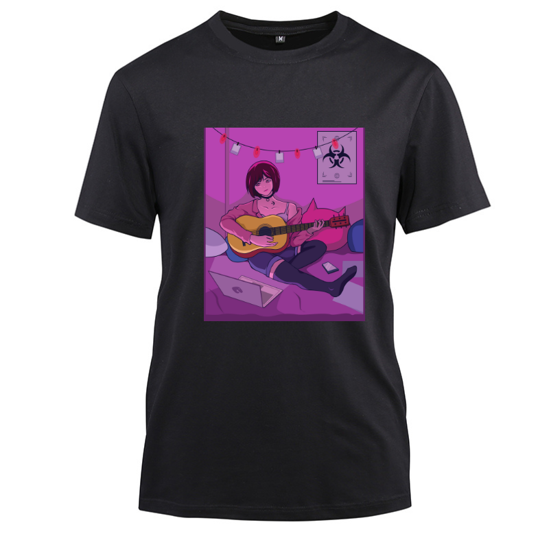 Anime Japanese The Cute Girl Play Guitar Cotton Black Short Sleeve T-Shirt