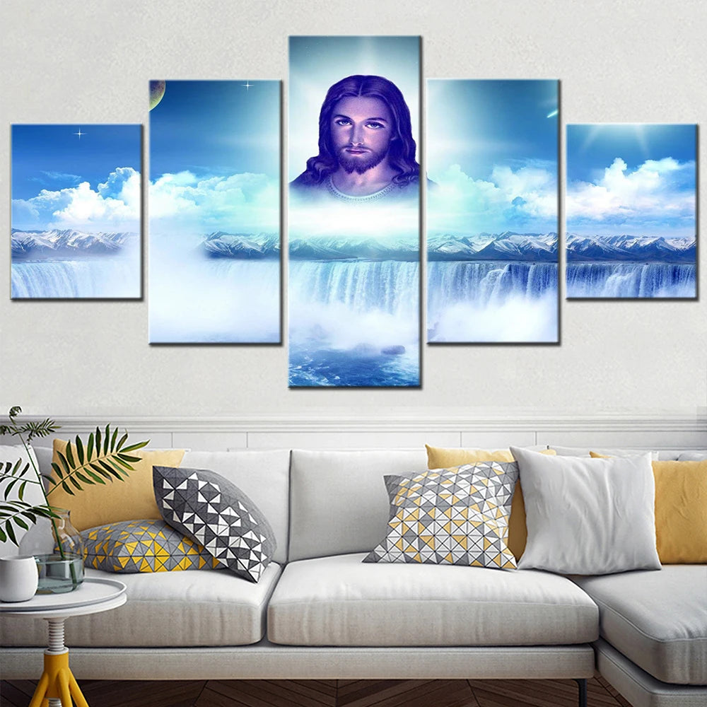 Jesus Christ Landscape Waterfall design 5 Panels Painting Canvas Wall Decoration