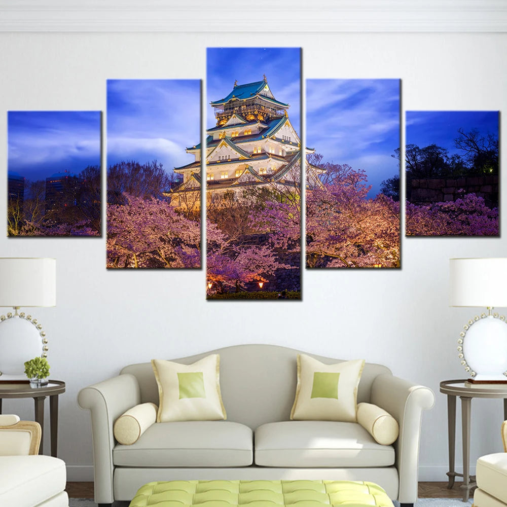 Japan Himeji Castle Cherry Blossoms cute 5 Panels Painting Canvas Wall Decoration