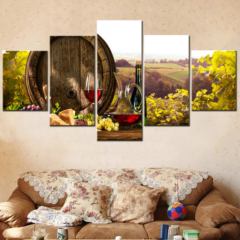 Art Wine Glasses Barrel in Vineyard 5 Panels Painting Canvas Wall Decoration