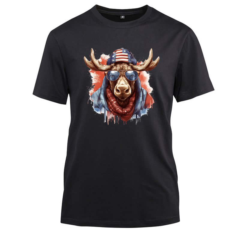 Animal Hiphop Graphic Moose Wear Glasses Cotton Black Short Sleeve T-Shirt