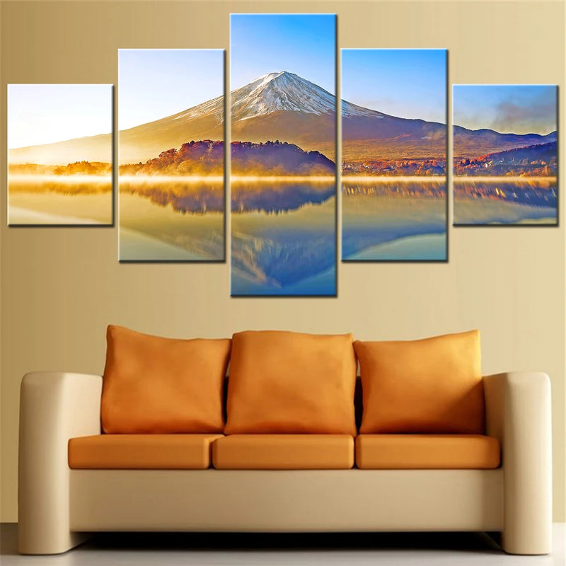 Japan Mount Fuji Lake Reflection 5 Panels Painting Canvas Wall Decoration