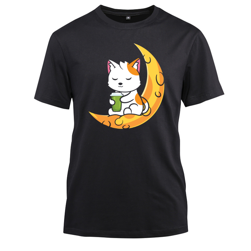 Warabi Mochi Drink Space Neko Cute Cotton Black Short Sleeve T-Shirt