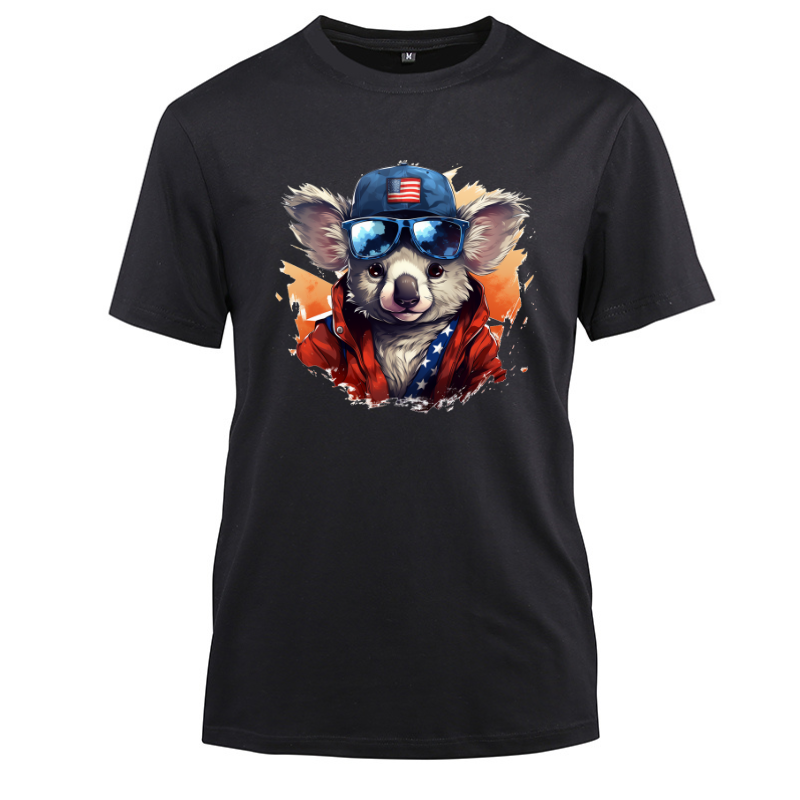 Animal Hiphop Graphic Funny Koala Cotton Black Short Sleeve T-Shirt