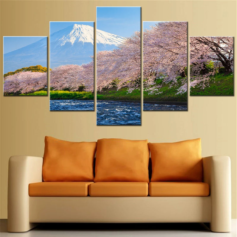 Fuji Sakura River Landscape design 5 Panels Painting Canvas Wall Decoration
