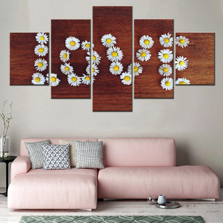 Flowers Love Word Daisy 5 Panels Painting Canvas Wall Decoration