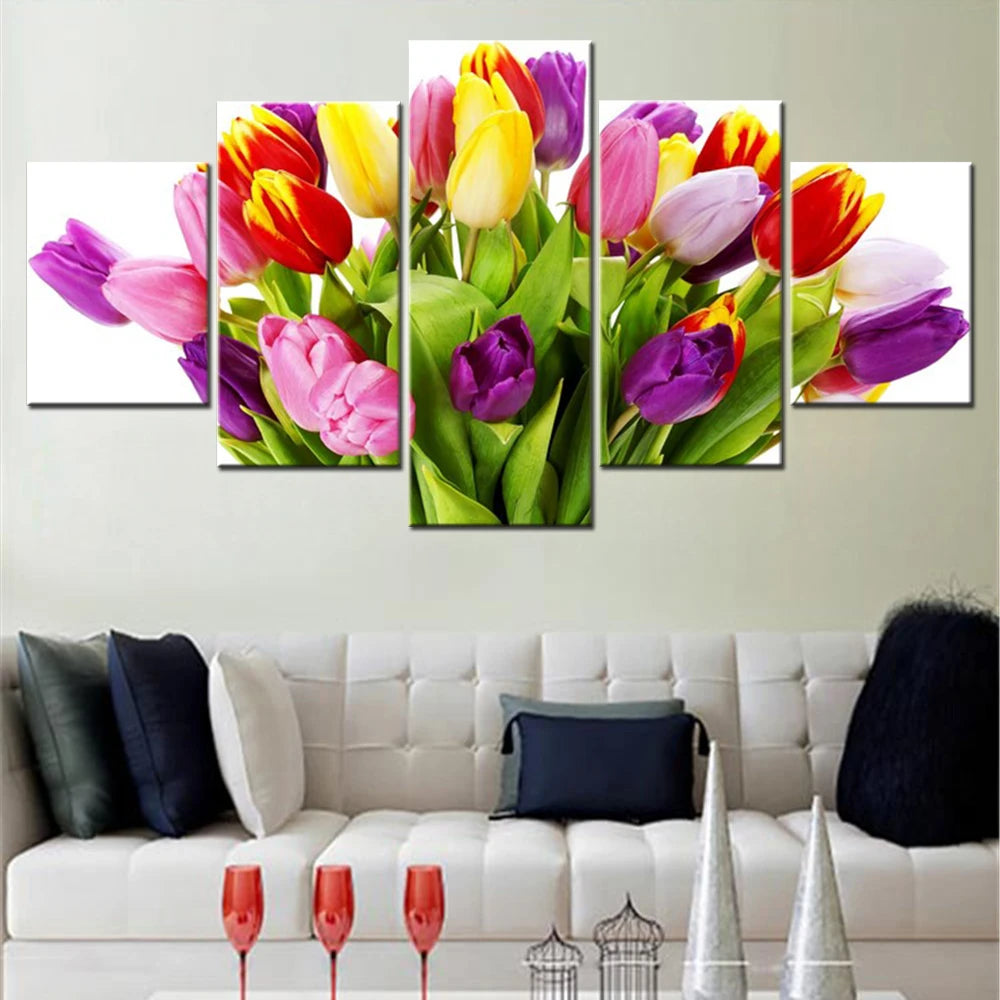 Tulips Flowers Bouquet White 5 Panels Painting Canvas Wall Decoration