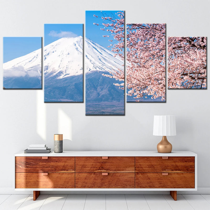 Mt Fuji Cherry Blossom cute 5 Panels Painting Canvas Wall Decoration