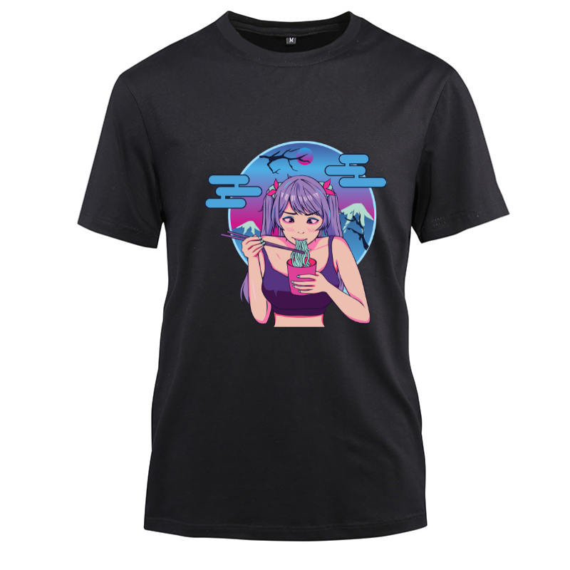 Anime Japanese Cute Girl Eat Ramen Cotton Black Short Sleeve T-Shirt