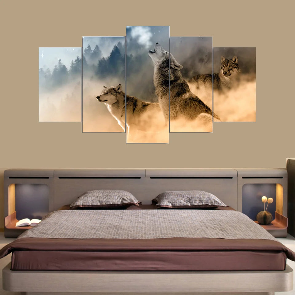 Howling Wolf in Clouds 5 Panels Painting Canvas Wall Decoration
