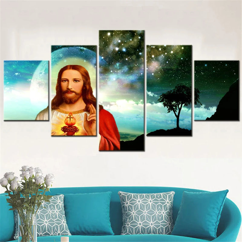 Lord Jesus In Starry Sky 5 Panels Painting Canvas Wall Decoration