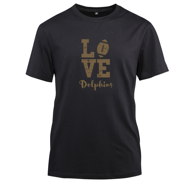 Football Gold Love Dolphins Cotton Black Short Sleeve T-Shirt