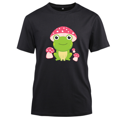 Kawaii Frog with Mushroom Hat Cotton Black Short Sleeve T-Shirt