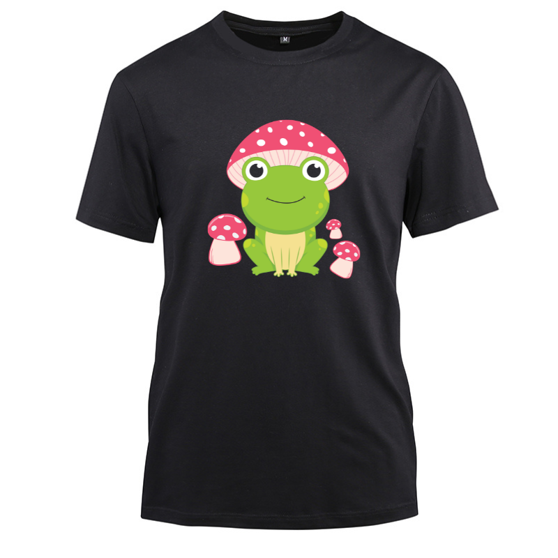 Kawaii Frog with Mushroom Hat Cotton Black Short Sleeve T-Shirt