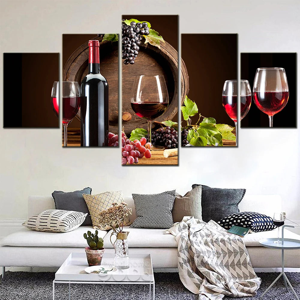 Red Wine Grapes Barrel 5 Panels Painting Canvas Wall Decoration