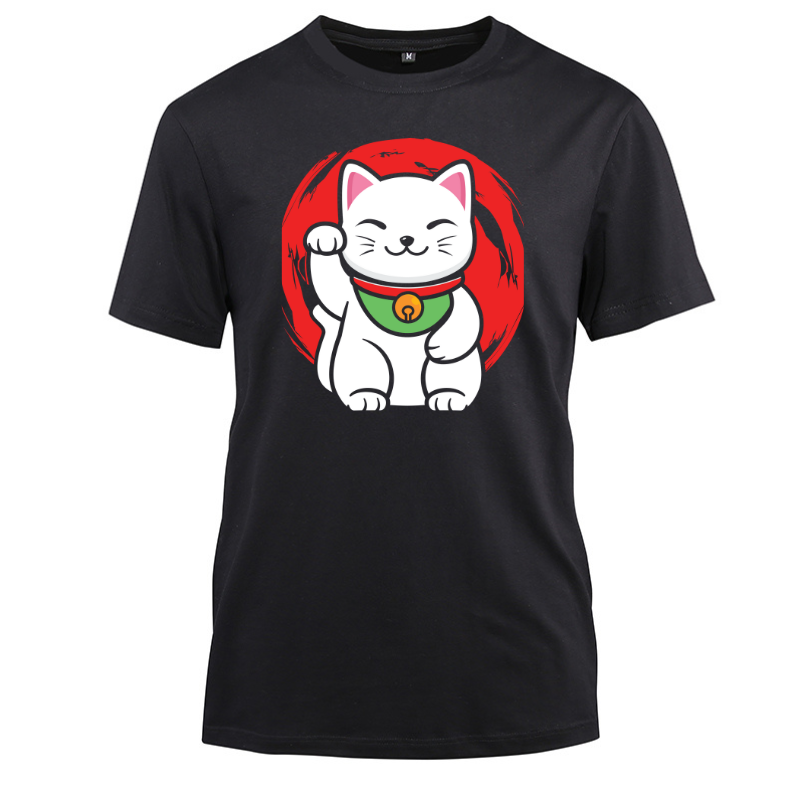 Maneki-Neko Lucky Cat Statue Waving Cotton Black Short Sleeve T-Shirt