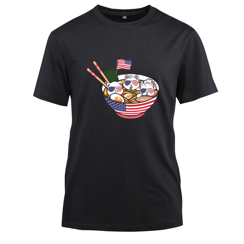 Cats Ramen Anime Funny 4th Of July Cotton Black Short Sleeve T-Shirt