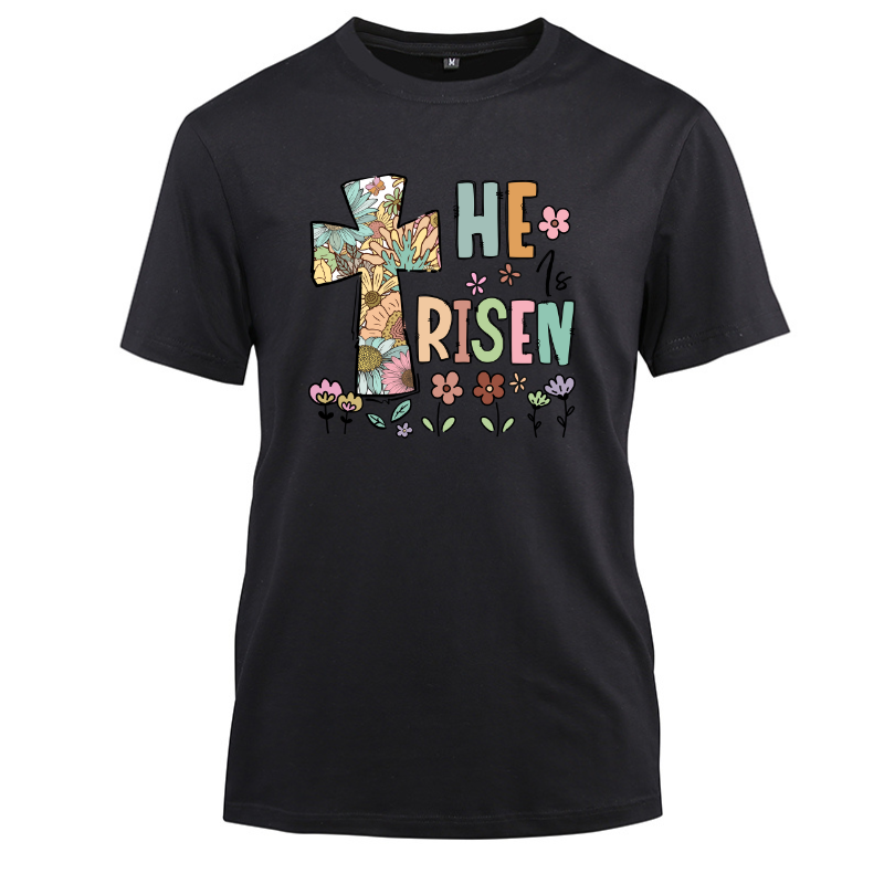 He Is Risen Flower Cotton Black Short Sleeve T-Shirt
