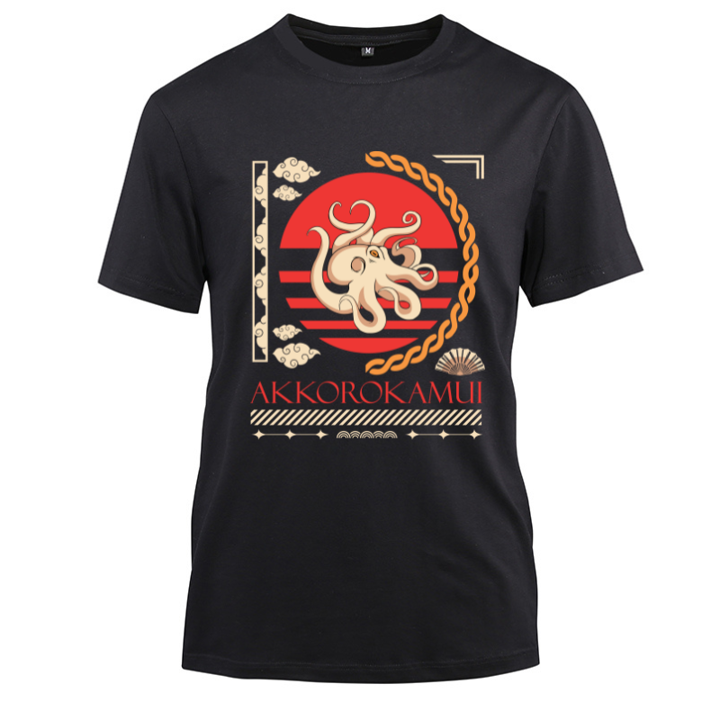 Japan Streetwear Akkorokamui Cotton Black Short Sleeve T-Shirt