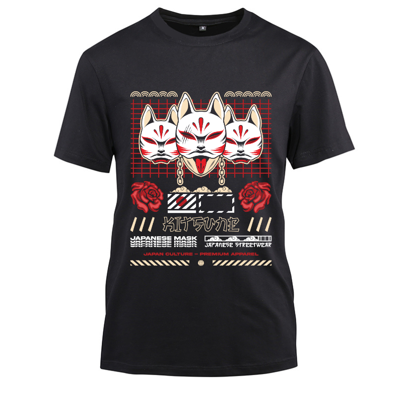 Japan Streetwear Kitsune Japanese Mask Cotton Black Short Sleeve T-Shirt