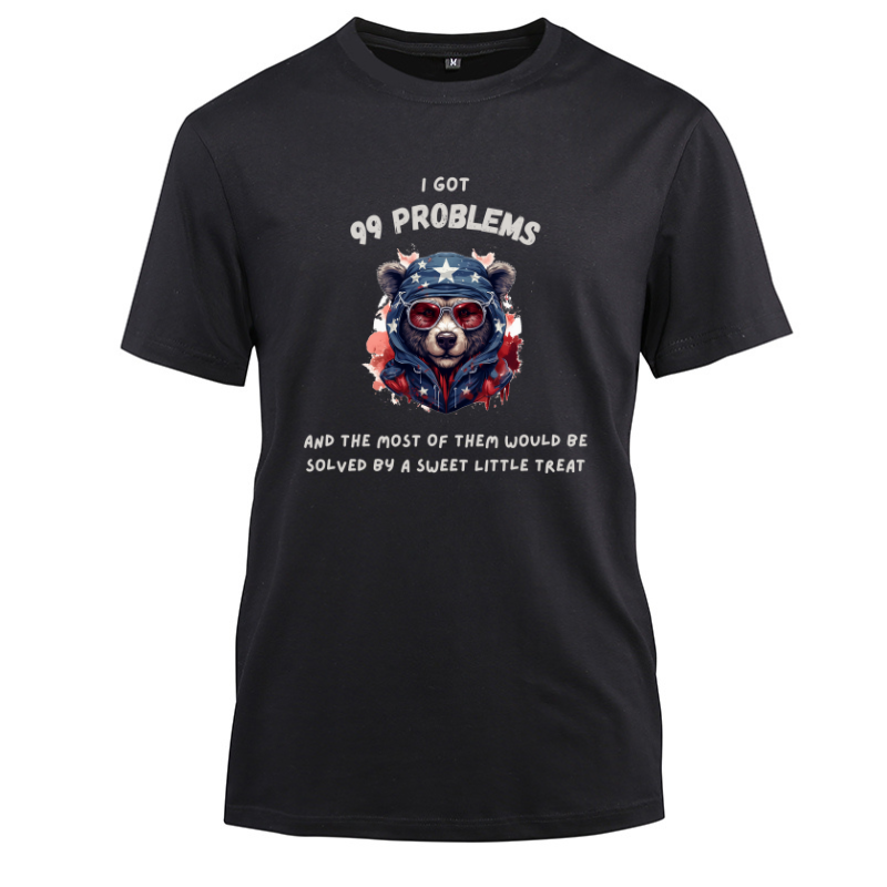 Hiphop Funny Bear Glasses I Got 99 Problems Cotton Black Short Sleeve T-Shirt