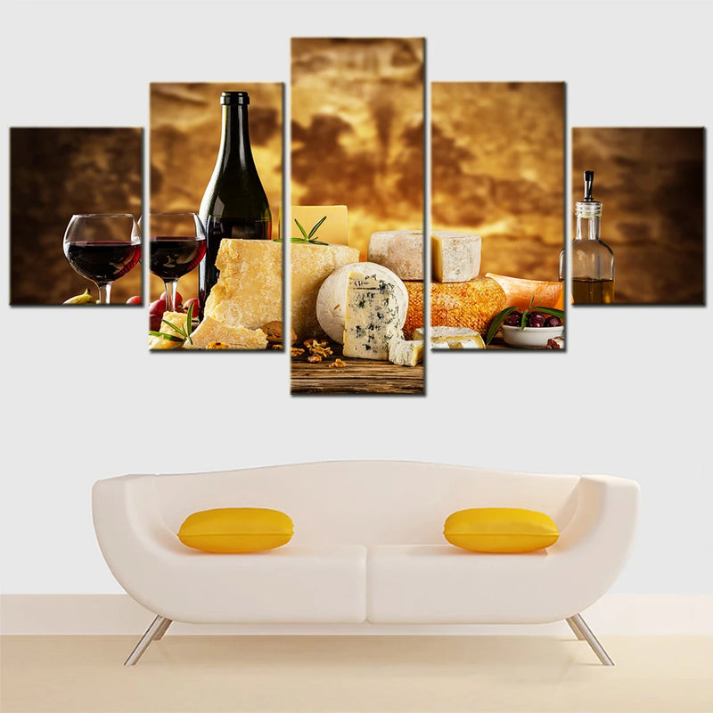 Cheese Wine Various Assortment 5 Panels Painting Canvas Wall Decoration