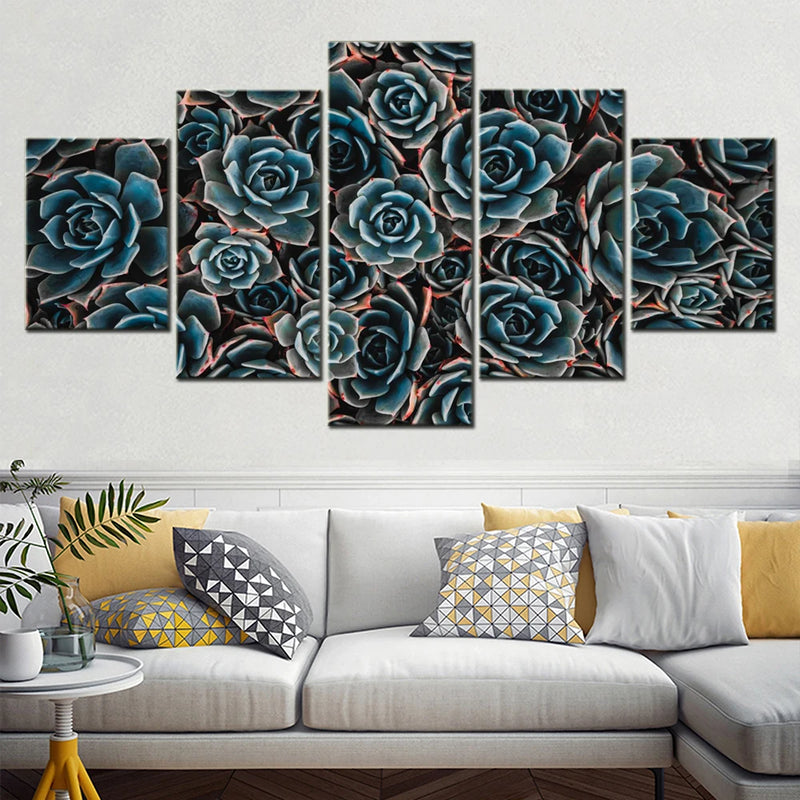 Flowers Teal Echeveria 5 Panels Painting Canvas Wall Decoration