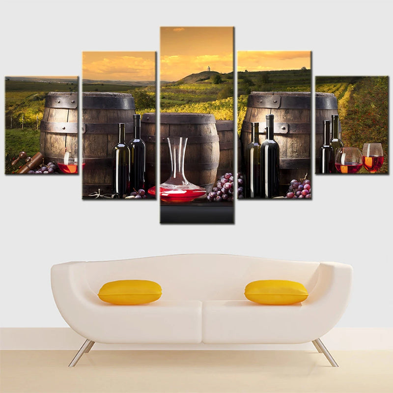 Red Wine Barrel Vineyard 5 Panels Painting Canvas Wall Decoration