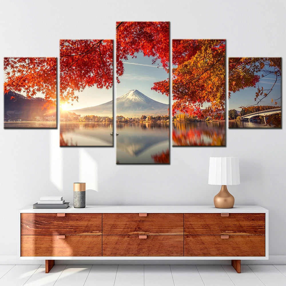 Mt Fuji Lake View Flower cute 5 Panels Painting Canvas Wall Decoration