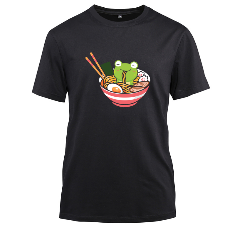 Cute Kawaii Frog Eating In Ramen Bowl Cotton Black Short Sleeve T-Shirt